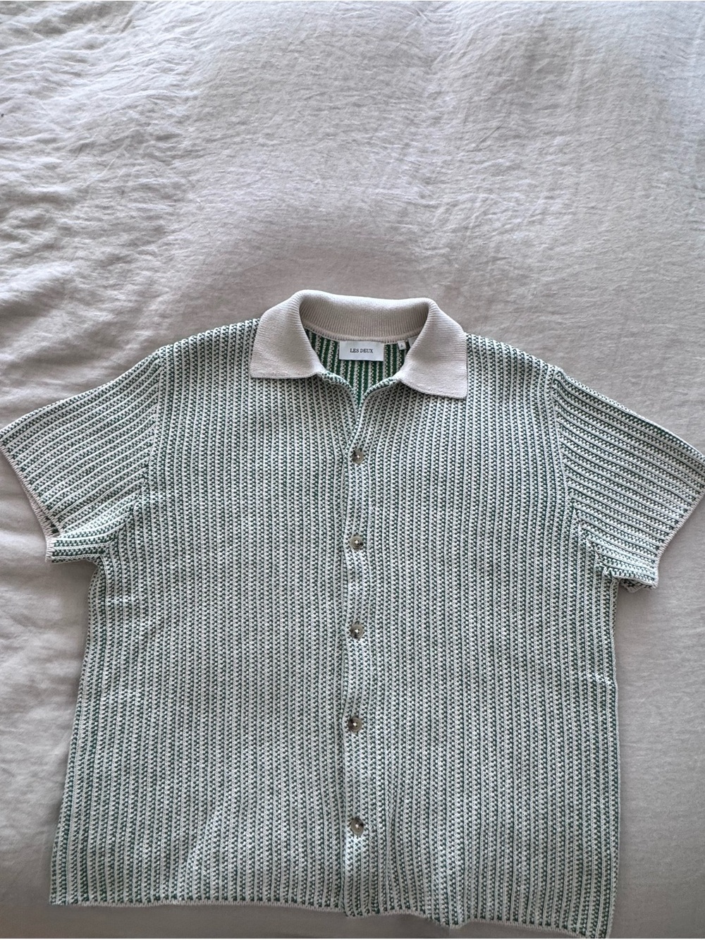 Les Deux Easton Knitted Short Sleeve Shirt Green Cream Size L